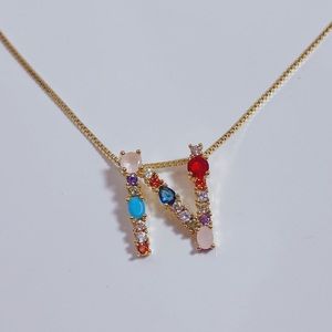 N initial necklace multi stone jewels monogram personalized gold multicolor boho